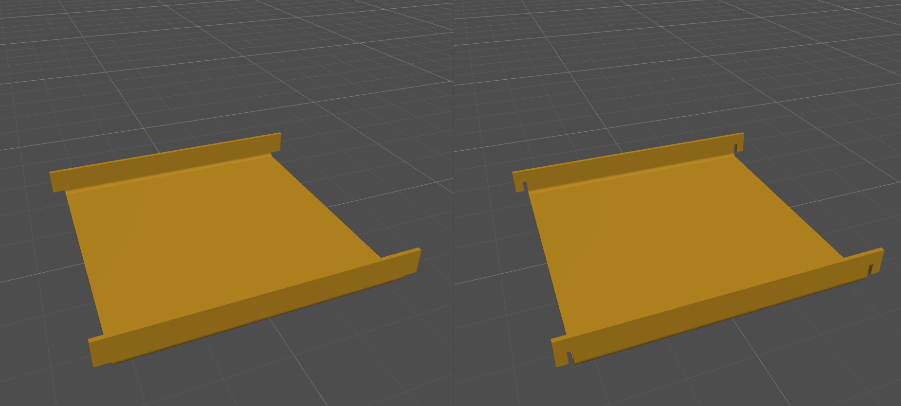 Sheet metal part before and after bend reliefs are applied