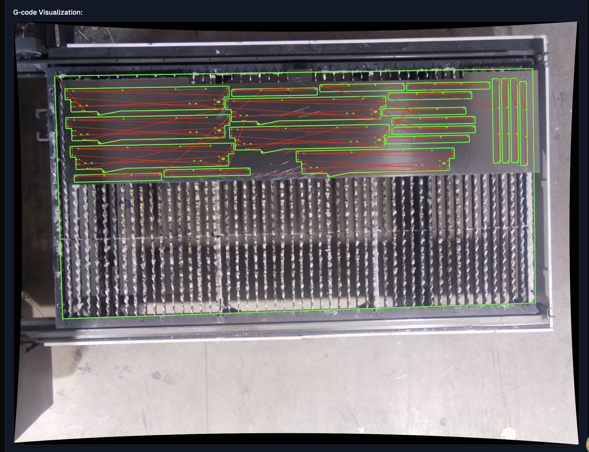 Camera nest: parts and G code toolpath overlaid on a photo of a remnant sheet on the cutting bed
