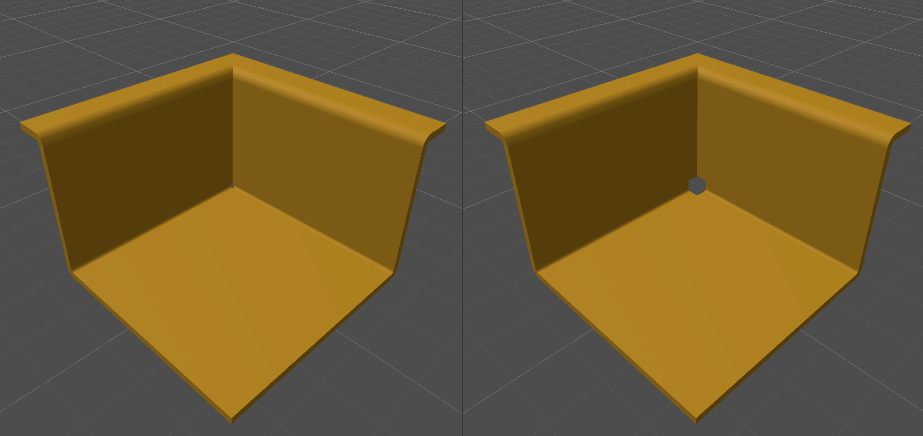 Sheet metal part before and after a squared corner relief is applied