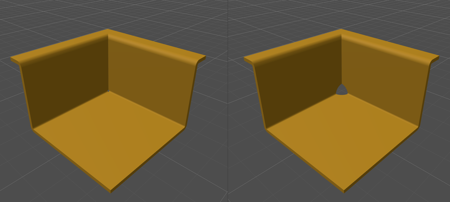 Sheet metal part before and after a circular corner relief is applied