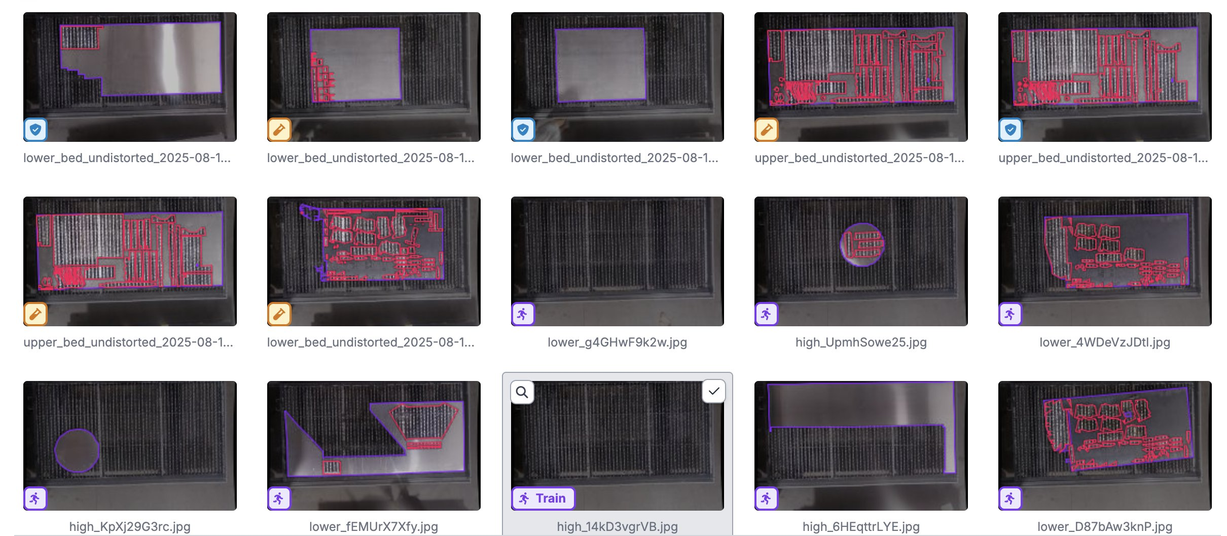 Labeled training data: cutting bed photos with remnant sheets and cut areas outlined