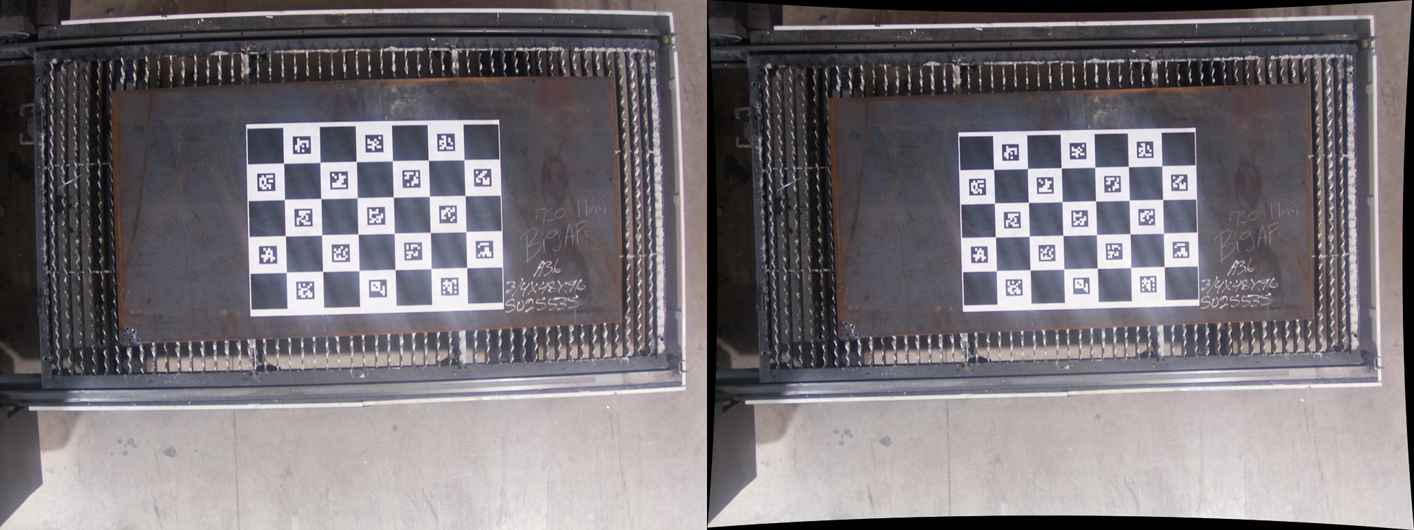 Raw camera image next to the lens distortion corrected image of the cutting bed